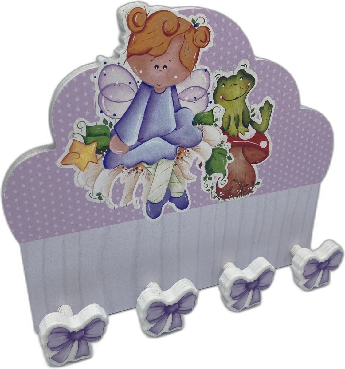 Kinderkapstok - Wandkapstok- Italiaans Design - Hout - 4 haken - 26 x 23 cm - Kinderkamer - Engeltje met Kikker