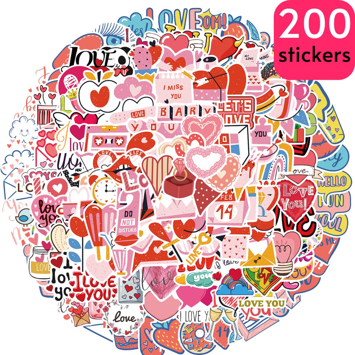 200 Liefde Stickers - Mega pack voor oa. Valentijn & Bruiloft met Hartjes, I love you teksten, veel roze - 5x6CM