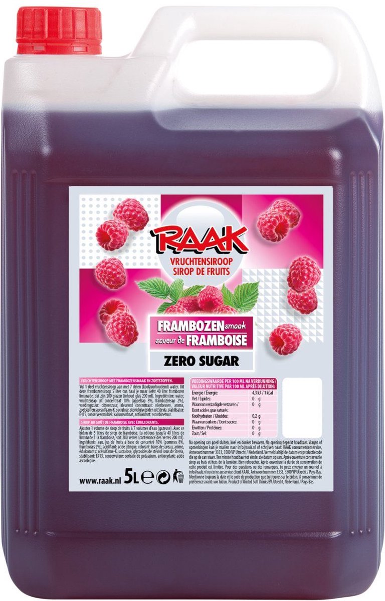Raak | Siroop Zero Framboos | 5 liter | Omdoos 4x