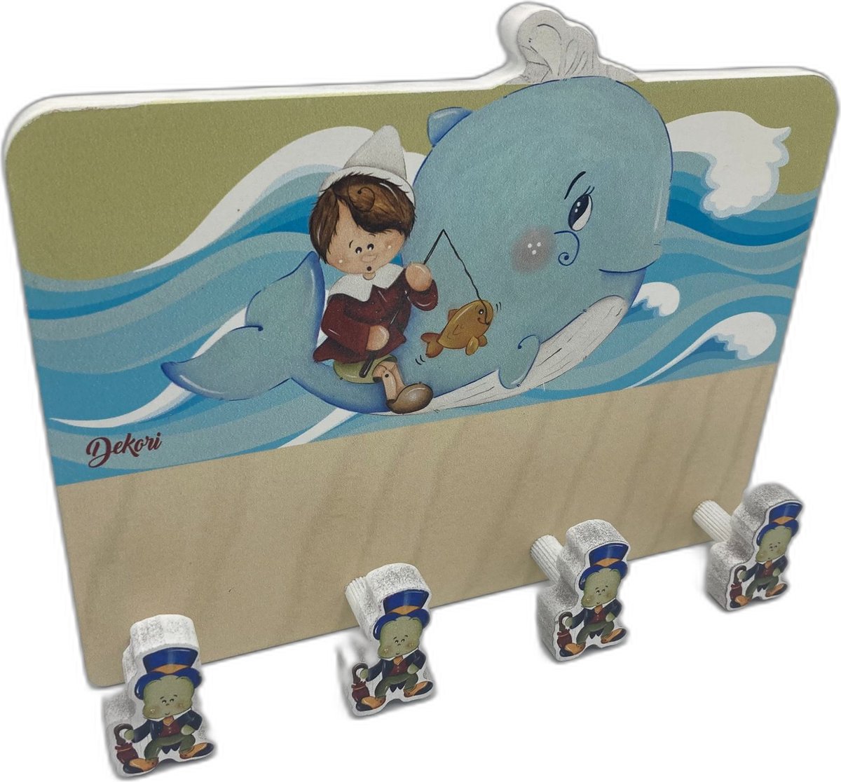 Kinderkapstok - Wandkapstok- Italiaans Design - Hout - 4 haken - 24 x 19 cm - Kinderkamer - Pinokkio