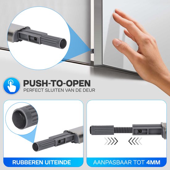 Grijze push-to-open deurdemper met rubberen uiteinde en schroefdraad, instelbaar tot 4mm.