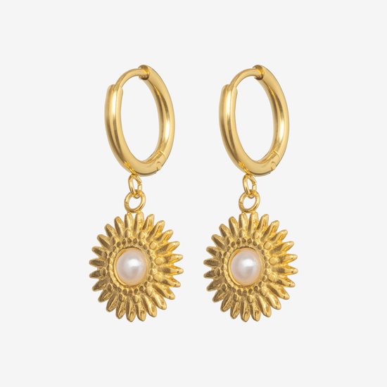 Essenza Small Pearl Flower Charm Earrings Gold