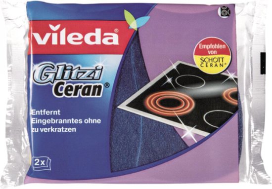 Vileda Glitzi Ceran verpakking met 2 stuks. Paarse spons met blauwe schuurzijde voor keramische kookplaten.
