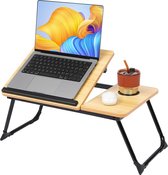 Laptoptafel, bedtafel met inklapbare poten, opvouwbare en in hoogte verstelbare bedtafel met bekerhouder voor bank, stoel bij het werken, (lichtbruin)