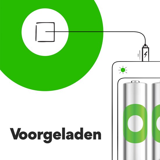 Tekst 'Honderden keren opladen' naast een grote '100' en een oplaadbare batterij met pijlen.