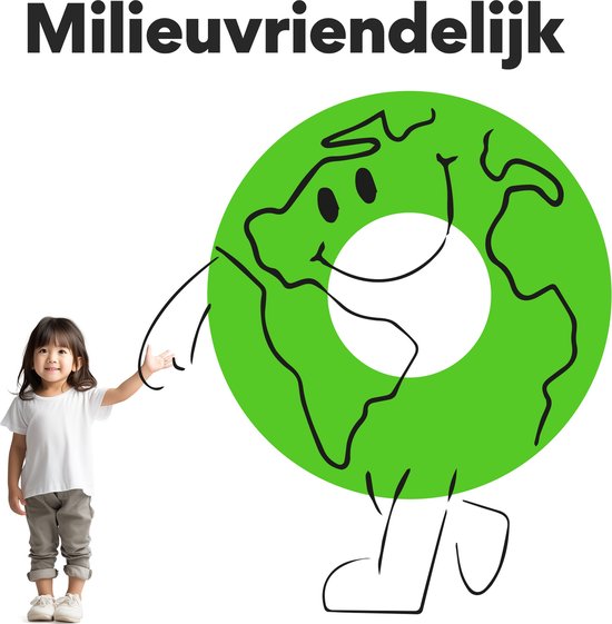 Een klein meisje staat naast een getekende, lachende aarde. Tekst: 'Milieuvriendelijk'.