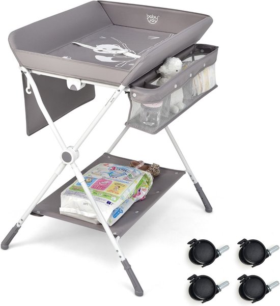 Baby Joy 4 in 1 Inklapbare Babycommode Met Wielen In Hoogte Verstelbaar - Luiertafel Met Veiligheidsgordel En Opbergvakken - Grijs