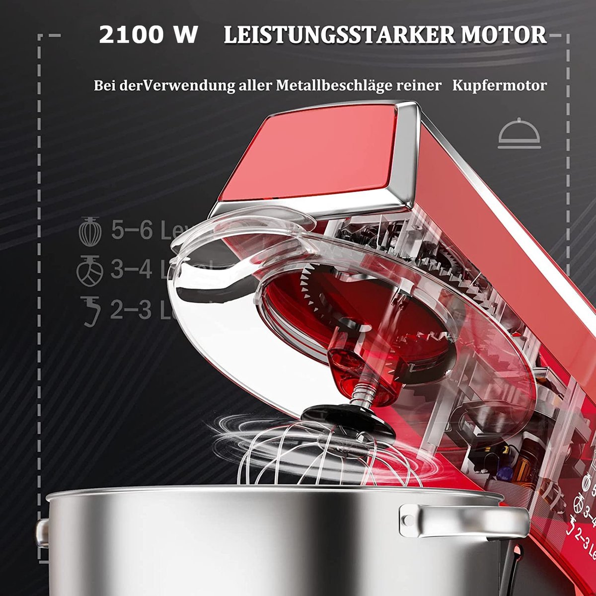 Royalty Line Keukenmachine - Keukenrobot - 2100W - Foodprocessor met 7 Snelheidsstanden + LED, incl. Garde / Kneedhaak / Mengarm en Blender, Met Spatscherm & RVS Mengkom Van 7.5 Liter - Rood — afbeelding 6