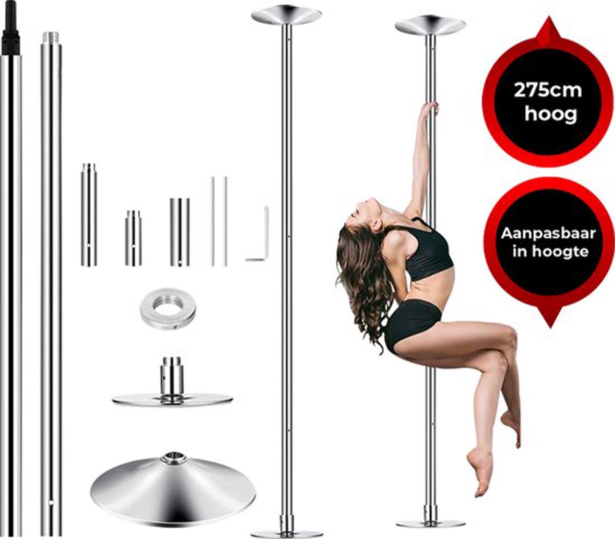 Viper Sports® DANCE POLE – Verstelbare danspaal – Dance Pole – 275 cm hoog – 2 standen – Silicone pad – Zilver