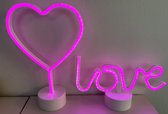 LED hart en love met neonlicht - Set van 2 stuks - roze neon licht - hoogte 29.5 x 20 x 8.5 cm / 28.5 x 16 x 8.5 cm - Werkt op batterijen en USB - Tafellamp - Nachtlamp - Decoratieve verlichting - Woonaccessoires