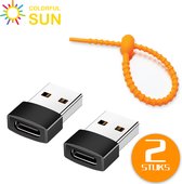 Colorful Sun® USB-A naar USB-C adapter - 2 stuks - USB A to USB C - Gratis kabel-organizer - USB A Male naar USB C Female - HUB - Verloop - Zwart