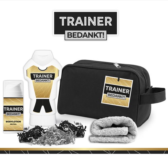 Foto: Geschenkset trainer bedankt 4 producten 500 gram toilettas cadeau man toernooi voetbal volleybal hockey handbal basketbal korfbal trefbal waterpolo rugby sport wedstrijd showergel giftset coach goud