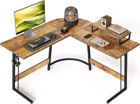Hoekbureau 120 x 120 cm met Monitorstandaard en Lade - Ruimtebesparend Gaming Bureau - Stabiel L-vormig Computertafel