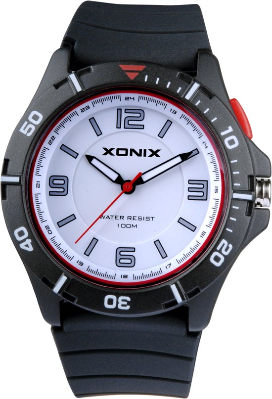 Xonix PO-B06 - Montre - Analogique - Unisexe - Bracelet Siliconen - ABS - Chiffres/rayures - Etanche - 10 ATM - Zwart - Wit
