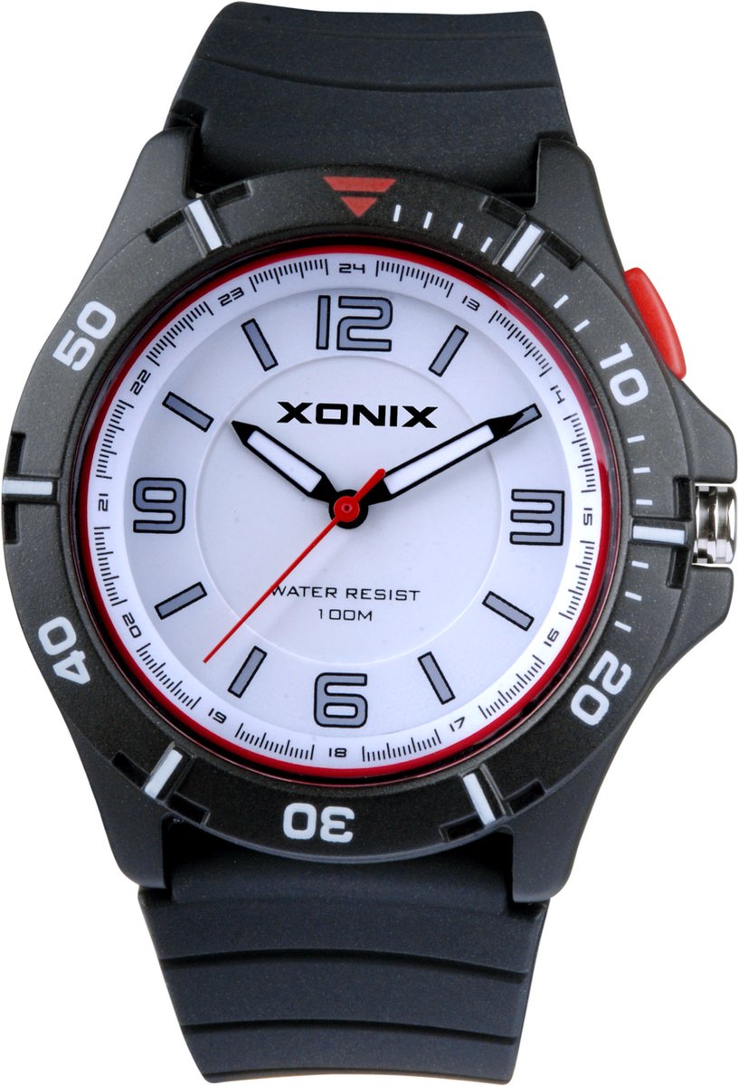 Xonix PO-B06 - Horloge - Analoog - Unisex - Siliconen band - ABS - Cijfers-Streepjes - Waterdicht - 10 ATM - Zwart - Wit