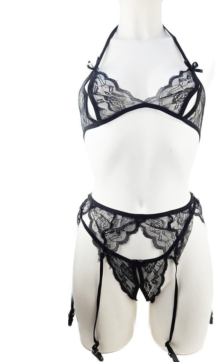 Goedkoopste BamBella ® - Sexy Erotische Lingerie set met jarretel clips onesize Dames Zwart