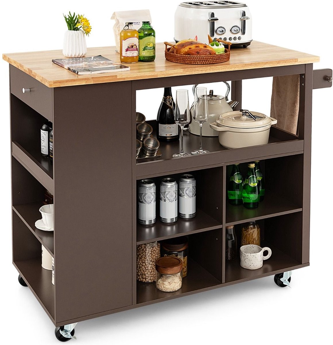 Keukeneiland - Verplaatsbaar - Keukenkast - Dressoir - Organizer - Kasten - Houten Werkblad - Lade - Bruin