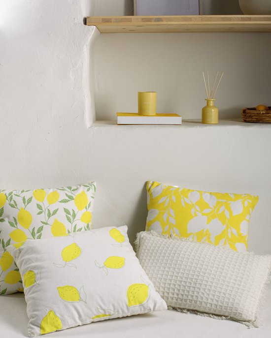 Kave Home - Housse de coussin Etel aux citrons jaunes et blancs en 100% coton 45 x 45 cm