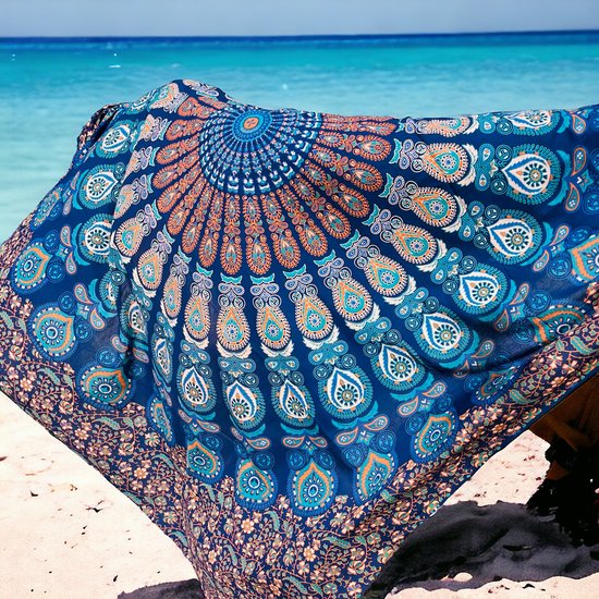 2 persoons strandlaken - Blauw - 220x210 - Duurzaam katoen - groot strandkleed - Ibiza style