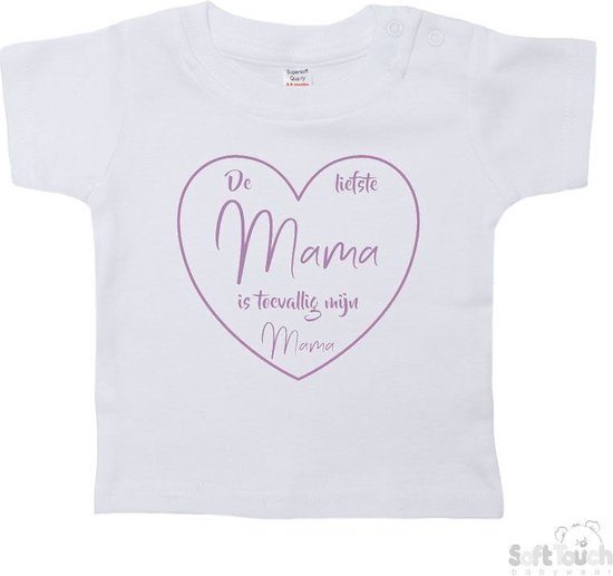 Soft Touch T-shirt Shirtje Korte mouw "De liefste mama is toevallig mijn mama" Unisex Katoen Wit/lila Maat 62/68