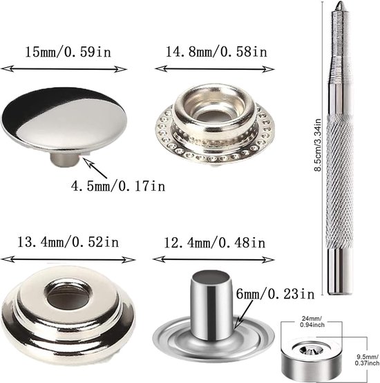 Srup 200 Stks Drukknopset, 15 Mm Snap Bevestigingsset, 15 Mm Roestvrij Staal Metalen Drukknopen, met 4 Stuks Instelgereedschap, voor Tassen, Jeans, Kleding, Stof, Lederhandwerk(50 Set