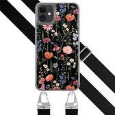 Hoesje met zwart koord - Geschikt voor iPhone 11 - Dark flowers - Verstelbaar & verwisselbaar koord - TPU backcover - Zwart, Multi - Leuke Telefoonhoesjes