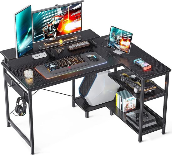 Thuiskantoor Computertafel met Opbergvakken en Monitorstandaard - Ergonomisch Ontwerp - Koolstofvezel - Multifunctioneel Bureau voor Gaming en Werk - Zwart