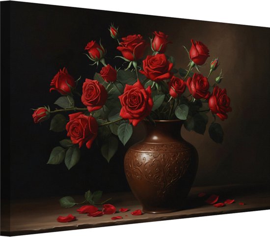 Rode rozen in bruine vaas schilderijen - Rozen schilderijen - Muurdecoratie Bloemen - Schilderij vintage - Canvas schilderij - Woondecoratie 70x50 cm