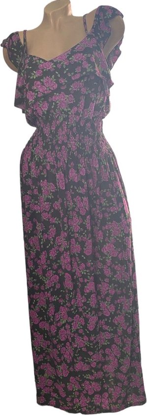 Dames maxi jurk met bloemenprint S/M zwart/paars