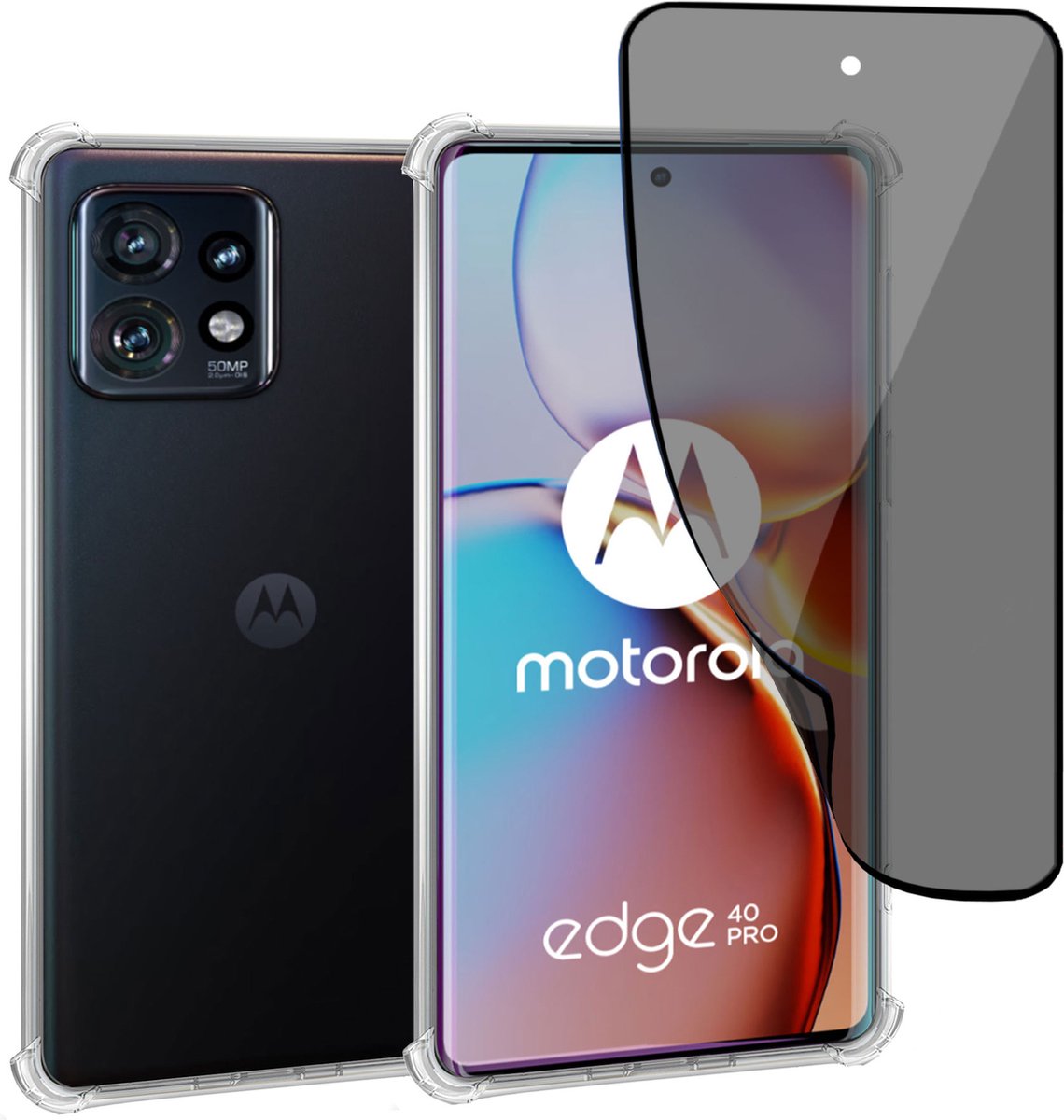 Geschikt voor Motorola Edge 40 Pro - Hoesje + Privacy Screenprotector – Privé - Gehard Glas Cover