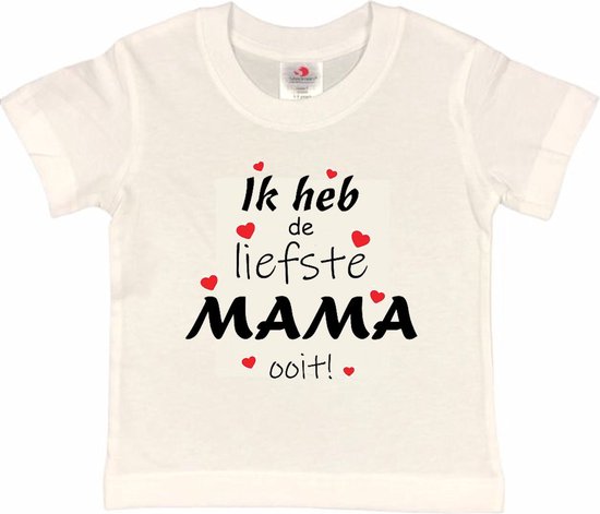 T-shirt Kinderen "Ik heb de liefste mama ooit!" Moederdag | korte mouw | Wit/rood/zwart | maat 98/104