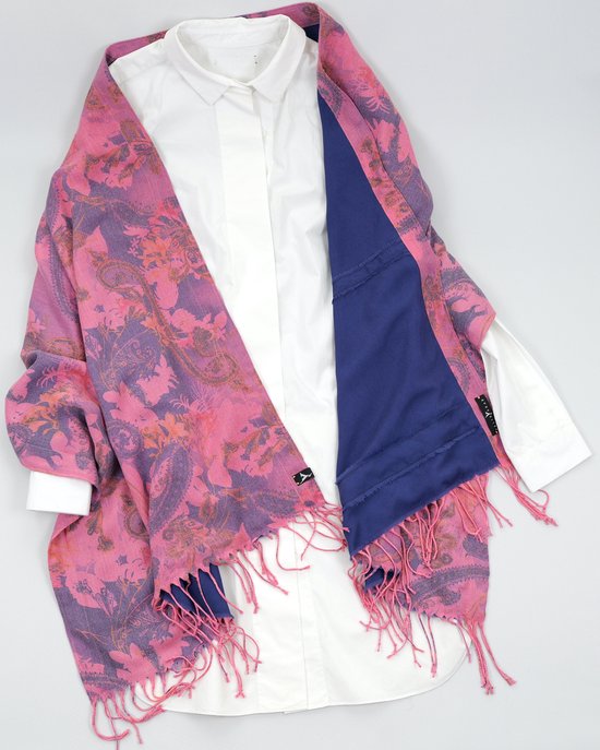 YELIZ YAKAR - Handmade - Écharpe/châle pashmina-viscose double face de Luxe pour femme « Izar » - exemplaire unique - couleurs rose et bleu - vêtements de créateurs - écharpe d'été - cadeau de luxe