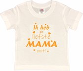 T-shirt Kinderen "Ik heb de liefste mama ooit!" Moederdag | korte mouw | Wit/mosterd | maat 122/128