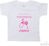 Soft Touch T-shirt Shirtje Korte mouw "Onze eerste moederdag samen!" Unisex Katoen Wit/roze Maat 62/68