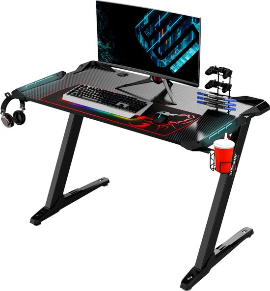Unidesk Game Bureau - 140x60x73 CM - Gaming desk met LED verlichting - Computer Tafel - Zwart
