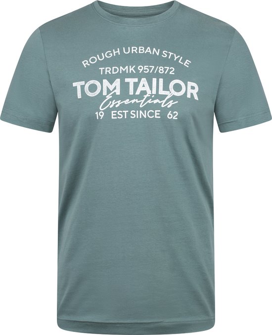 Turquoise T-shirt met tekstprint 'ROUGH URBAN STYLE TRDMK 957/872 TOM TAILOR Essentials 19 EST SINCE 62'.