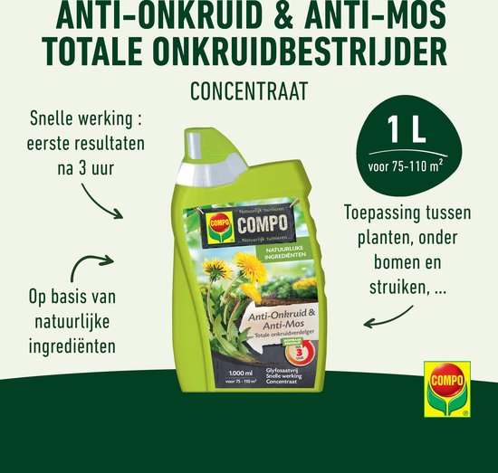 COMPO Anti-Onkruid & Anti-Mos totaal - natuurlijke ingrediënten - concentraat - eerste resultaten binnen 3 uur - fles 1L (75-110 m²) van Merkloos	 — afbeelding 4