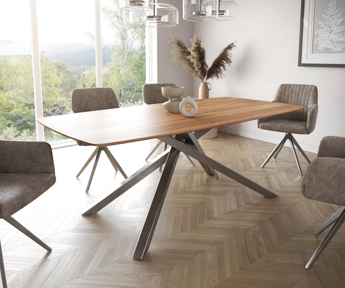Eetkamertafel Edge Boot acacia natuur 200x100 kruisframe rechthoek roestvrij staal Zwitserse rand