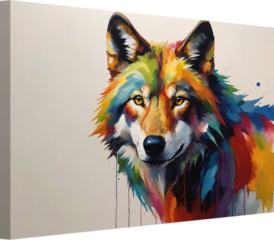 Wolf met kleurrijke vacht wanddecoratie - Wolf schilderijen - Schilderij op canvas Dier - Landelijke schilderijen - Canvas schilderijen - Muur kunst 90x60 cm