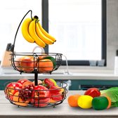 Fruitmand, 2 verdiepingen, metalen draad, met bananenhouder, eigentijdse fruitschaal, groentemand, staande dagelijkse keuken, opslag, fruitmand (zwart)