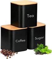 3-delige keukendozenset, koffie-/thee-suiker, opbergdozen met deksel, keukenorganizer, zwart