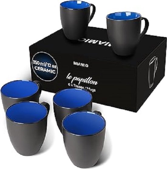 MIAMIO Lot De 6 Tasses à Café En Grès 350ml Collection Le Papillon Noir - Design Moderne