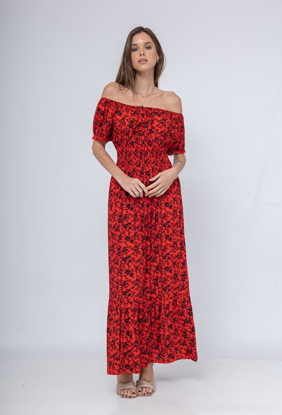 Lange dames jurk Siri gebloemd motief rood zwart Maat S/M strandjurk