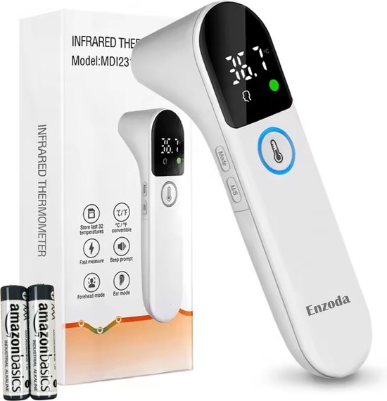 Enzoda Thermometer - Oorthermometer Baby's, Kinderen en Volwassenen - Koortsthermometer - Infrarood Thermometer - Inclusief 2 batterijen