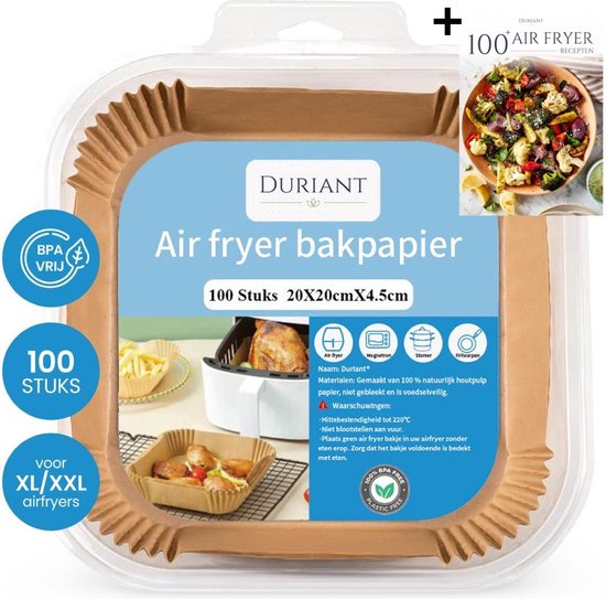 Foto: Duriant airfryer bakpapier airfryer accessoires wegwerpbakje geschikt voor airfryer xl xxl 100 stuks 20 tot 24 cm bpa vrij olie afstotend met opbergdoos inclusief e book met 100 air fryer recepten