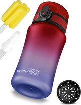 Minny Drinkfles voor kinderen, lekvrij, met rietje of zeef, lichte Tritan waterfles, BPA-vrij, voor kleuterschool, school (rood, blauw, 350 ml)
