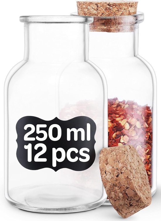 HUALIANG Voorraadpotten met deksels set van 9, 250 ml Glazen voorraadpotten met deksel, Glazen pot met etiketten, voedselcontainer van borosilicaatglas, opbergpotten voor koffie, specerijen