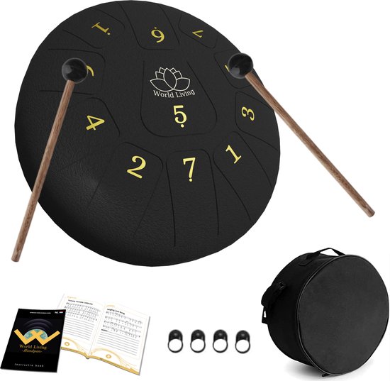 World Living Handpan - 20 cm ø - Steel Tongue Drum - Hand Klankschaal incl. Lesboek & Beschermtas - Hangdrum