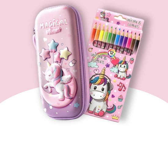 Etui voor school - Kleurenpotloden 12 stuks - Pennenzak voor meisjes - Schoolspullen - Schooletui Eenhoorn - Unicorn etui- Organisatie - Pennenetui met rits- Kantooraccessoires