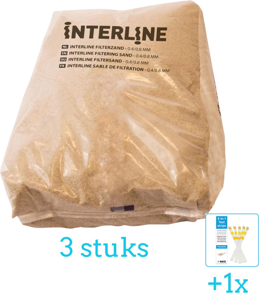 Interline Vulling Zandfilter 0.4 0.8mm Zwembad-Toebehoren 25 kg 3 stuks Voordeelverpakking Inclusief WAYS Testrips (1 stuks) Geschikt voor Intex en Bestway Zandfilterpomp